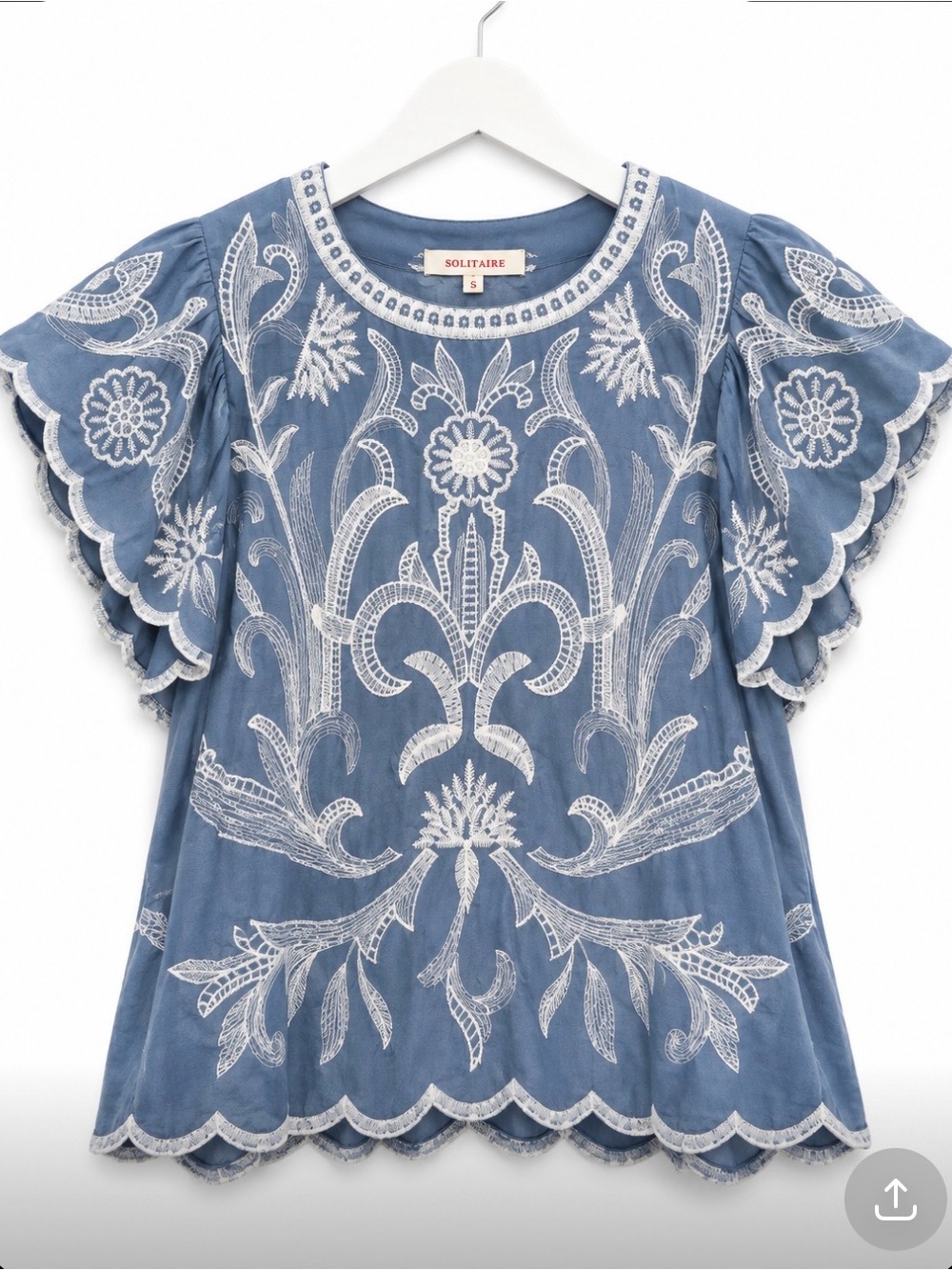 Solitaire Dusty Blue Embroidered Flutter-Sleeve Blouse